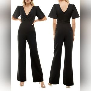 Socialite Deep Surplice Neck Flutter Sleeve Jumpsuit Black Size XS